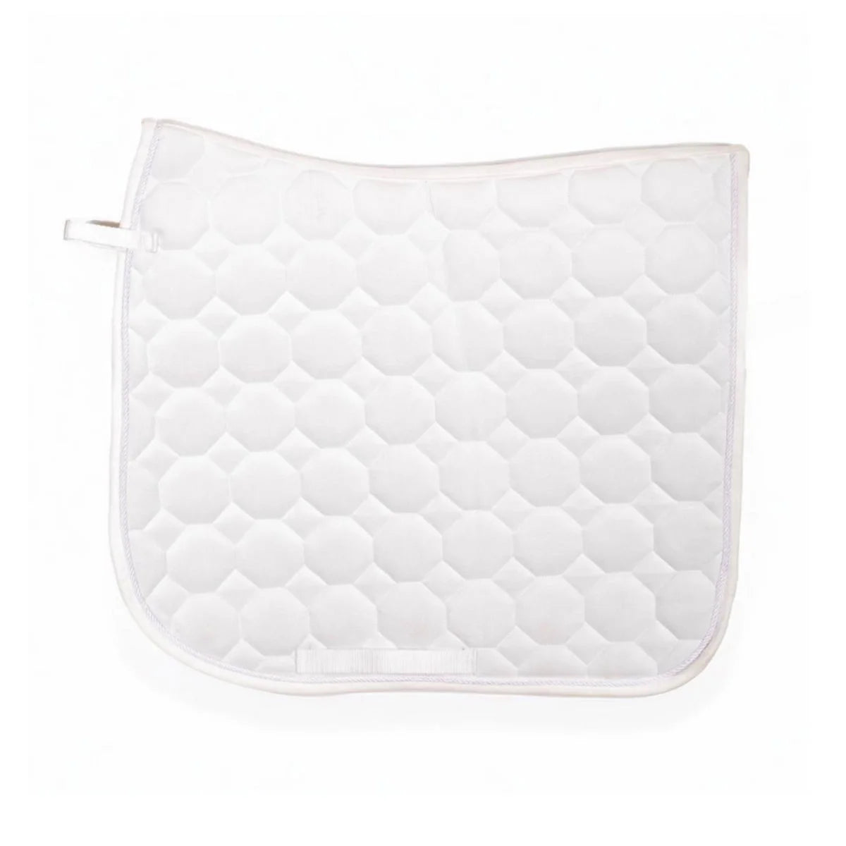 CAMEO Suede Dressage Saddlecloth in White showcasing a straight-cut square profile, anatomical swan-neck high wither clearance, hexagonal honeycomb quilting, and tonal rope piping engineered with breathable foam for shock absorption, moisture-wicking comfort, and dressage competition elegance.