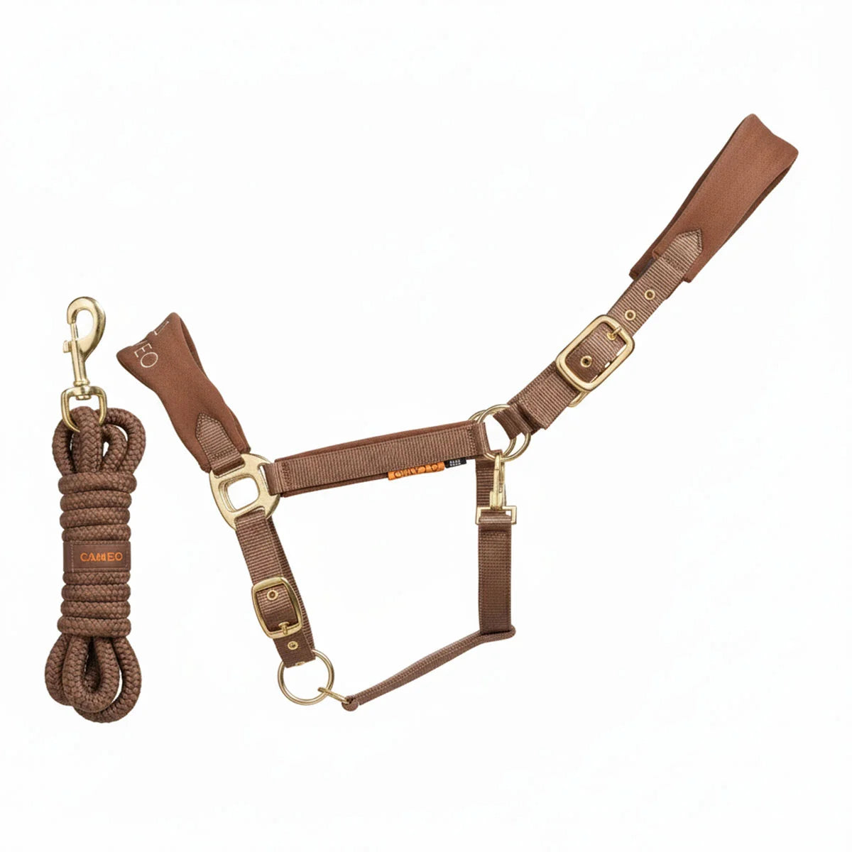 CAMEO Suede Elite Headcollar & Rope set in Mocha shown on a white background, showcasing the broad padded micro-suede noseband, plush crown lining, solid brass hardware, and matching twisted leadrope engineered for nasal pressure dispersal, anti-rub poll comfort, and luxury equestrian travel.