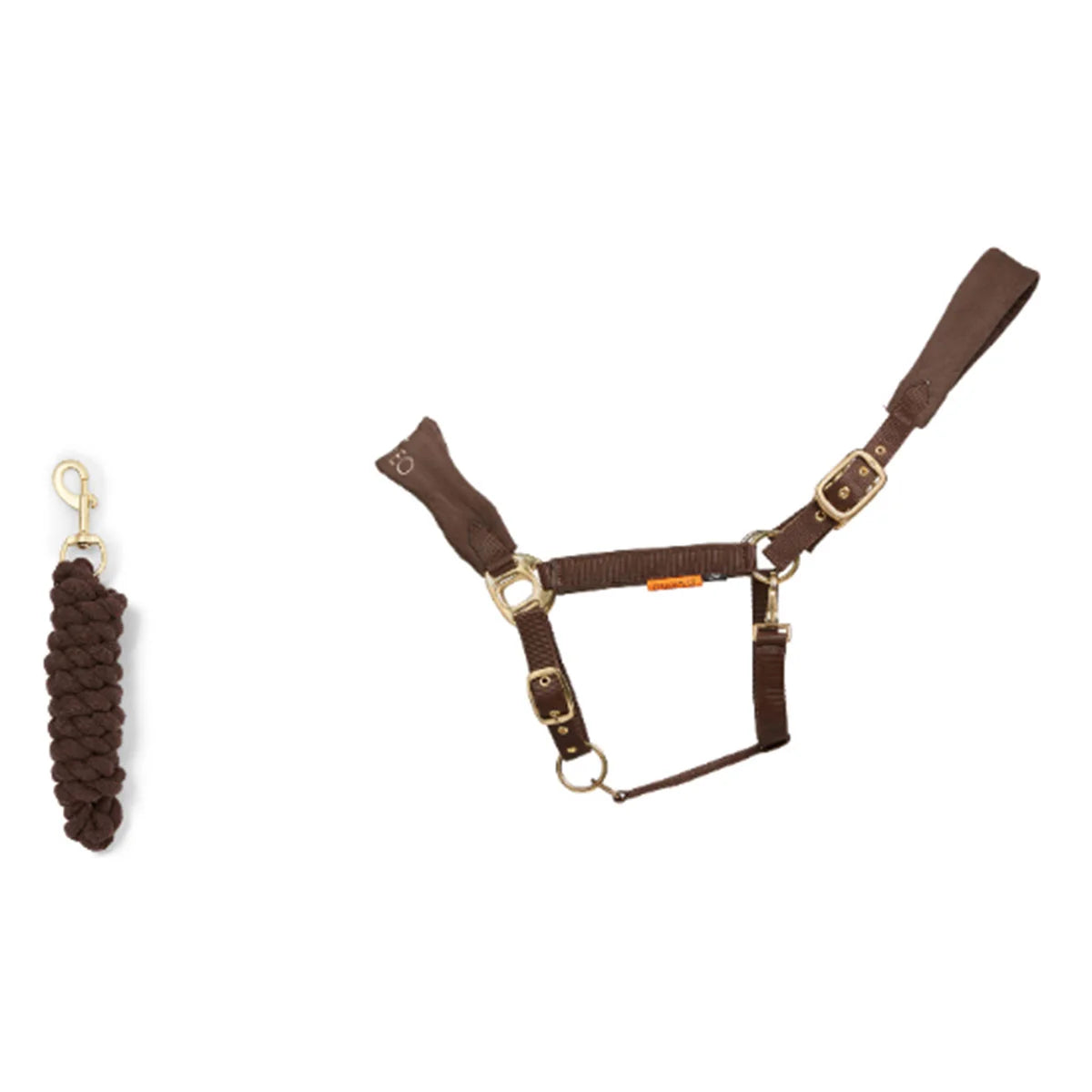 CAMEO Suede Elite Headcollar & Rope set in Mocha shown on a white background, showcasing the broad padded micro-suede noseband, plush crown lining, solid brass hardware, and matching twisted leadrope engineered for nasal pressure dispersal, anti-rub poll comfort, and luxury equestrian travel.