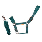 CAMEO Suede Elite Headcollar & Rope set in Evergreen shown on a white background, showcasing the broad padded micro-suede noseband, plush crown lining, Cacao bronze hardware, and matching twisted leadrope engineered for nasal pressure dispersal, anti-rub poll comfort, and luxury equestrian travel.