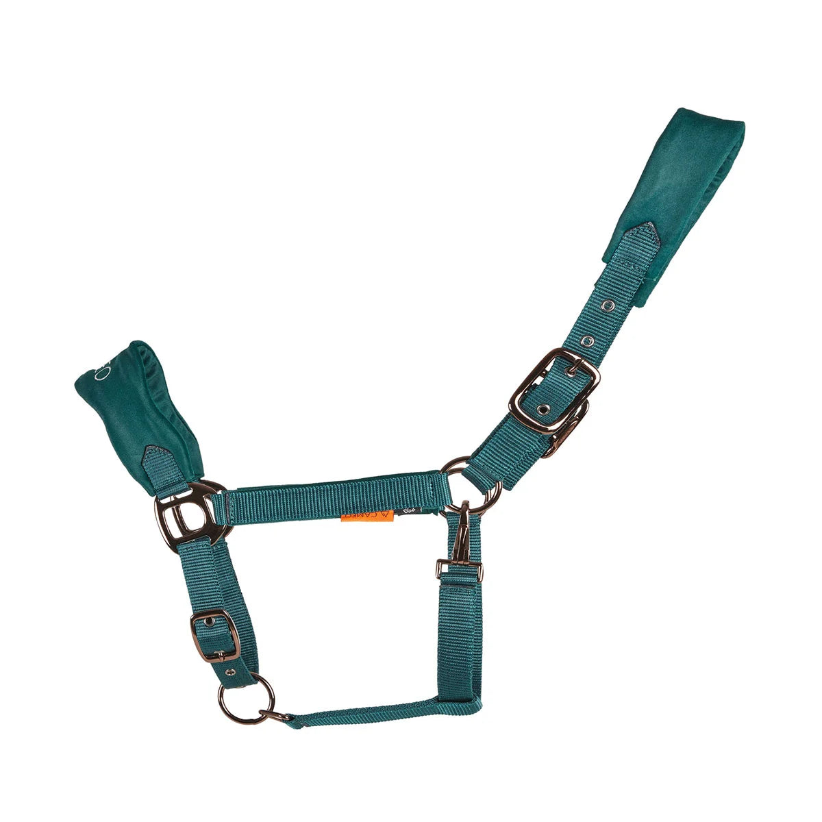 CAMEO Suede Elite Headcollar & Rope set in Evergreen shown flat-lay, showcasing the broad padded micro-suede noseband with embroidered logo, plush crown lining, and Cacao bronze hardware engineered for nasal pressure dispersal, anti-rub poll comfort, and luxury equestrian travel presentation.