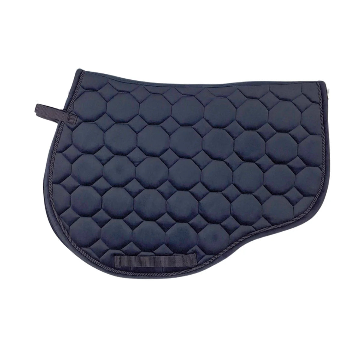 CAMEO Suede GP & Jump Saddlecloth in Black showcasing the forward-cut silhouette, swan-neck high wither clearance, octagonal geometric quilting, and rope piping engineered for shock absorption, moisture-wicking comfort, and jump saddle stability.