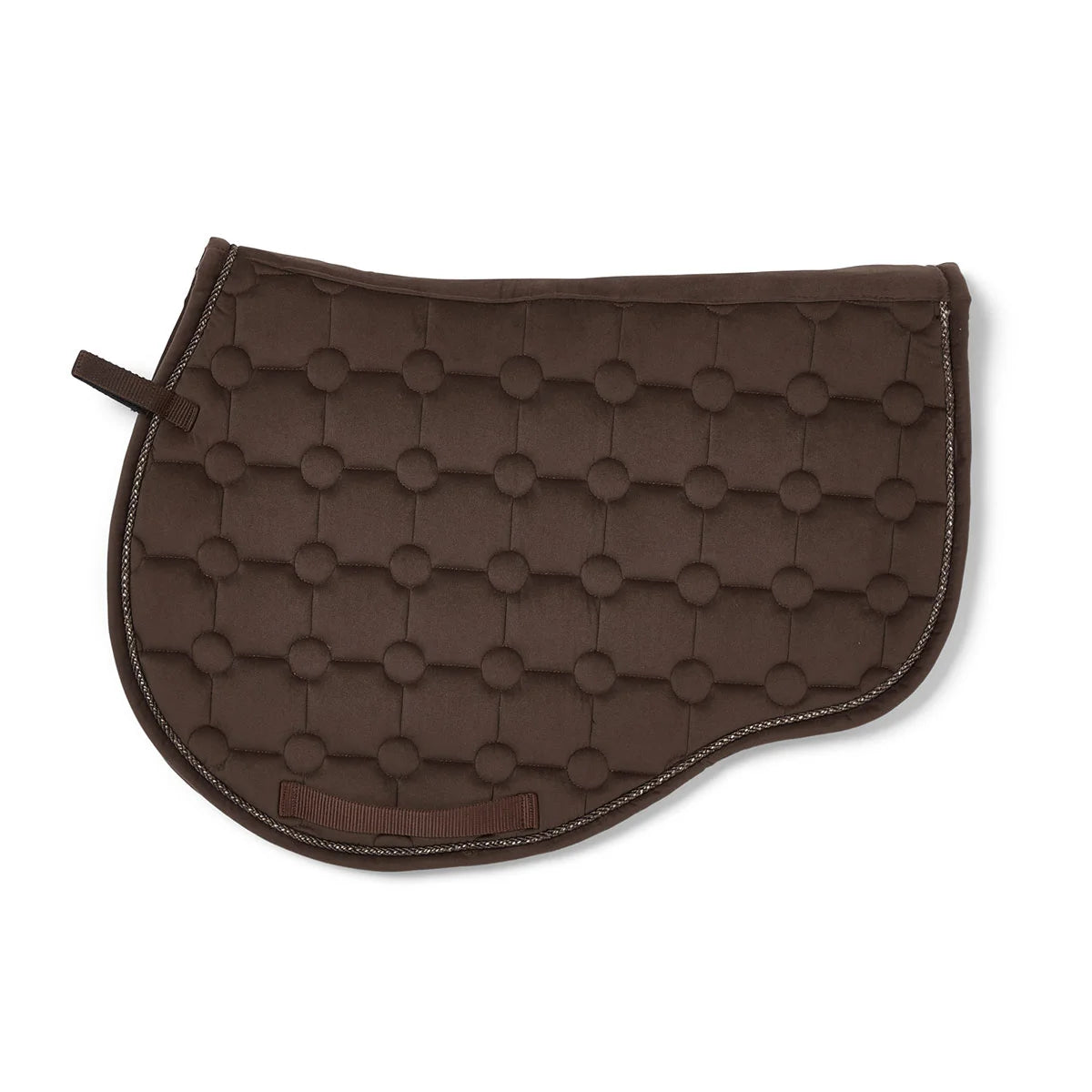CAMEO Suede GP & Jump Saddlecloth in Chocolate Brown showcasing the forward-cut silhouette, swan-neck high wither clearance, geometric quilting, and rope piping engineered for shock absorption, moisture-wicking comfort, and jump saddle stability.