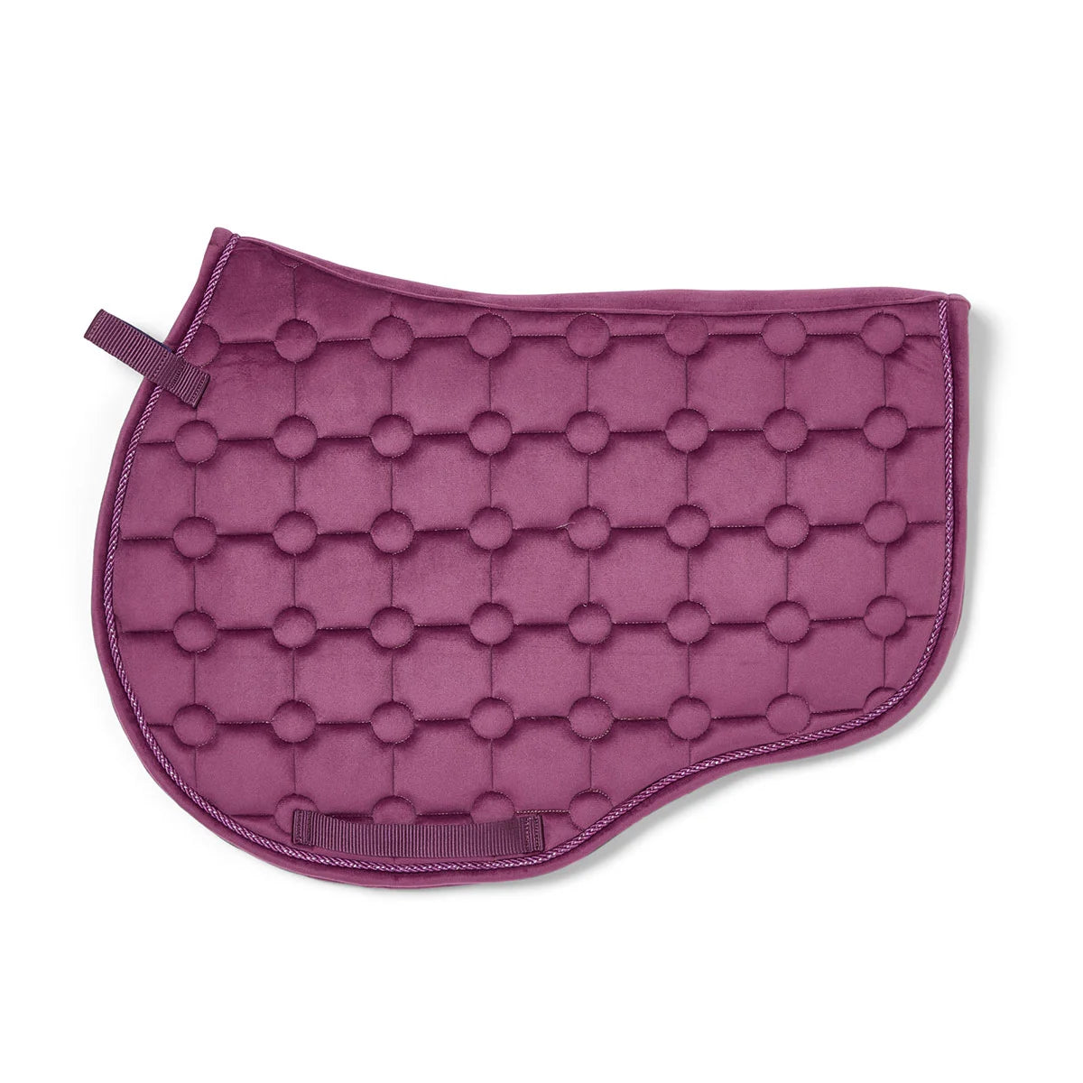 CAMEO Suede GP & Jump Saddlecloth in Deep Purple showcasing the forward-cut silhouette, swan-neck high wither clearance, geometric circle-quilt design, and rope piping engineered for shock absorption, moisture-wicking comfort, and jump saddle stability.