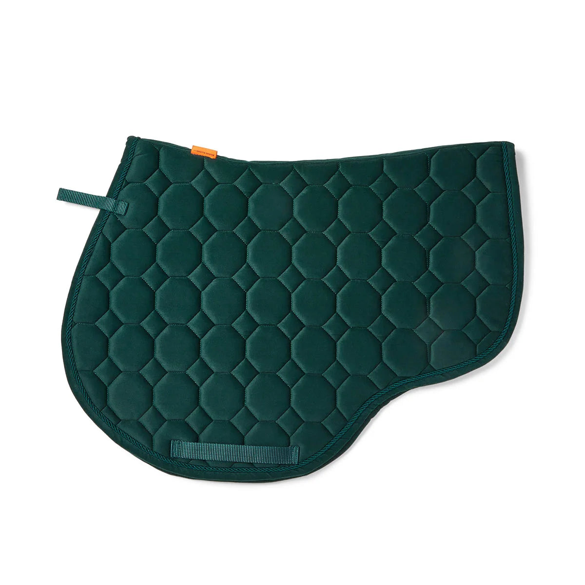 CAMEO Suede GP & Jump Saddlecloth in EverGreen showcasing the forward-cut silhouette, swan-neck high wither clearance, geometric quilting, and rope piping engineered for shock absorption, moisture-wicking comfort, and jump saddle stability.