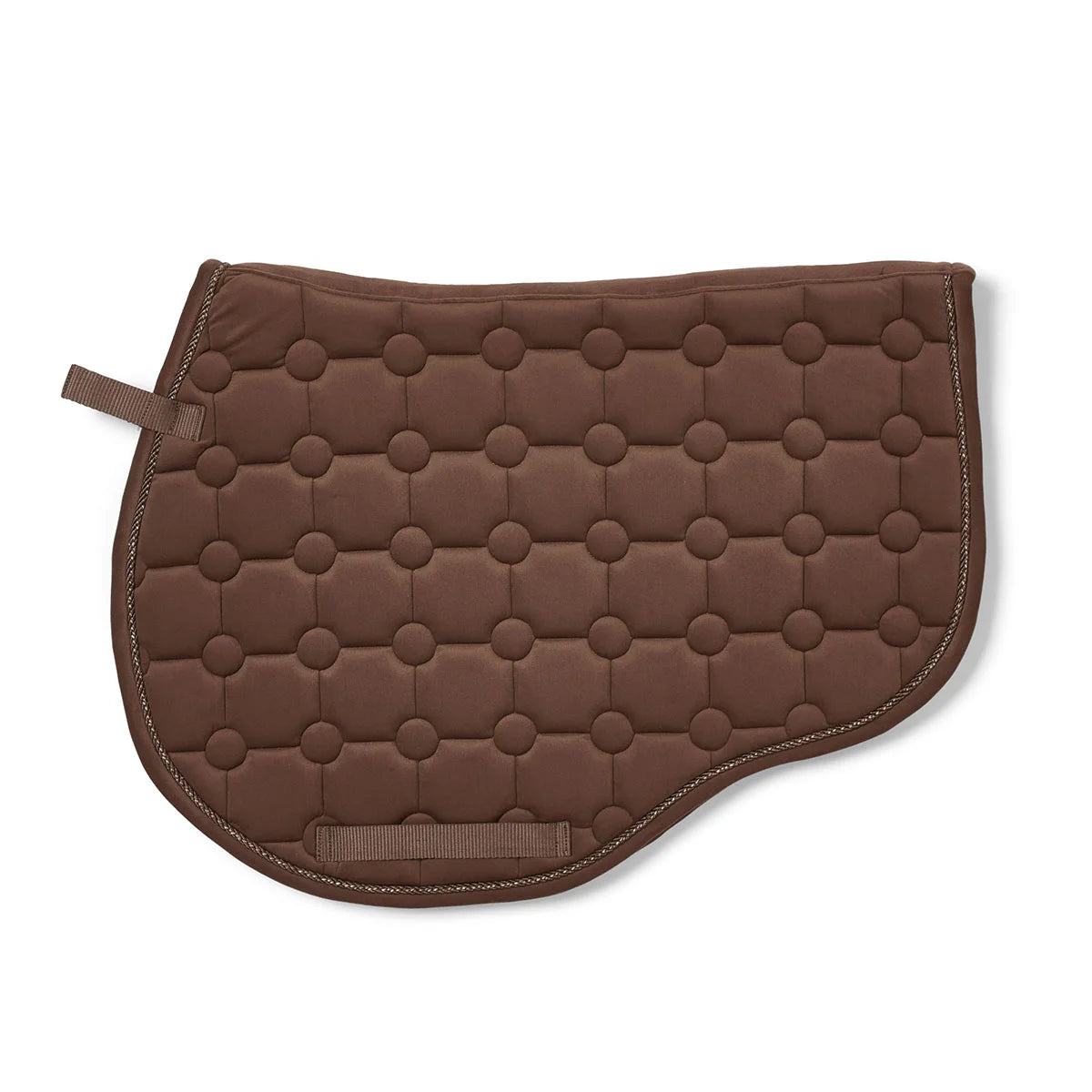 CAMEO Suede GP & Jump Saddlecloth in Mocha showcasing the forward-cut silhouette, swan-neck high wither clearance, geometric circle-quilt design, and rope piping engineered for shock absorption, moisture-wicking comfort, and jump saddle stability.