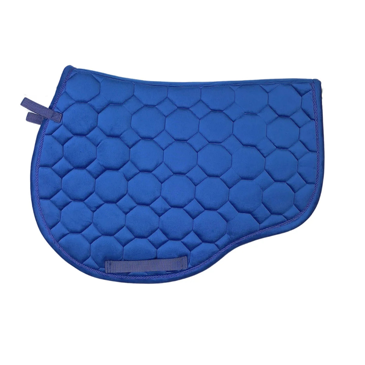 CAMEO Suede GP & Jump Saddlecloth in Navy showcasing the forward-cut silhouette, swan-neck high wither clearance, octagonal geometric quilting, and rope piping engineered for shock absorption, moisture-wicking comfort, and jump saddle stability.