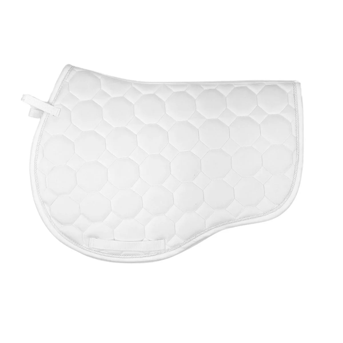 CAMEO Suede GP & Jump Saddlecloth in White showcasing the forward-cut silhouette, swan-neck high wither clearance, octagonal geometric quilting, and rope piping engineered for shock absorption, moisture-wicking comfort, and competition arena performance.