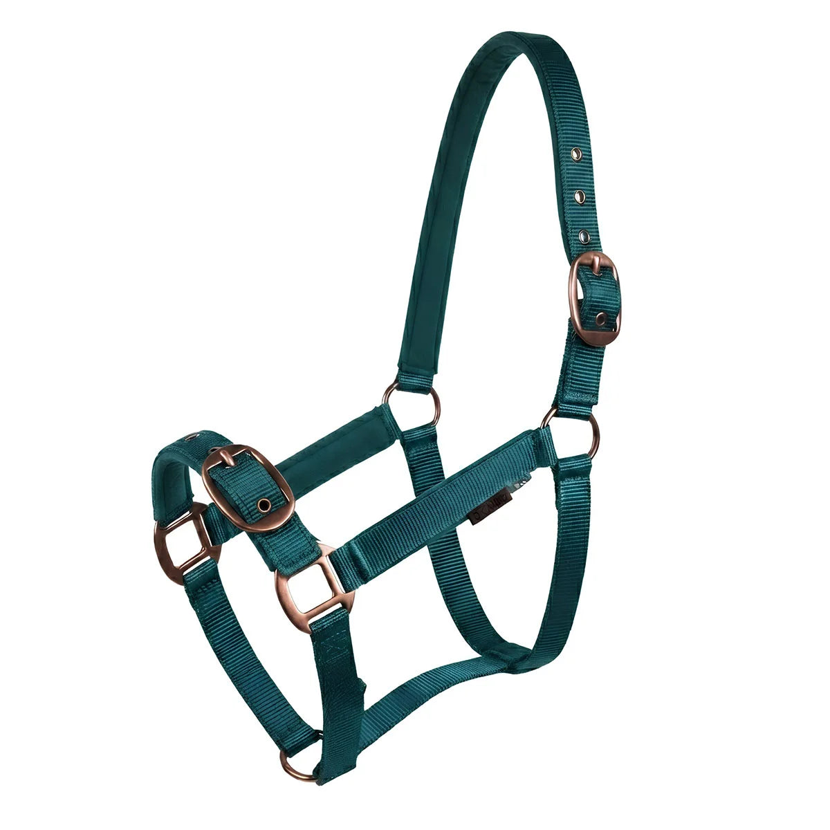 CAMEO Suede Padded Headcollar in EverGreen shown on a white background, showcasing the dual-adjustable buckles, reinforced metal eyelets, Cacao bronze hardware, and soft micro-suede padding engineered for anti-rub comfort, nasal pressure relief, and dependable daily leading and horse turnout.