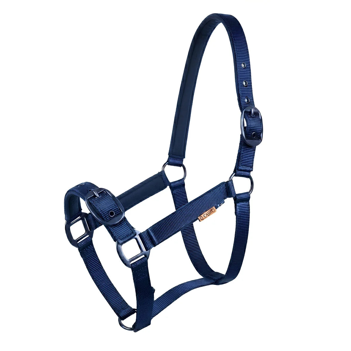 CAMEO Suede Padded Headcollar in Navy shown on a white background, showcasing the dual-adjustable buckles, reinforced metal eyelets, matte black hardware, and plush micro-suede padding engineered for anti-rub comfort, nasal pressure relief, and dependable daily leading and horse turnout.