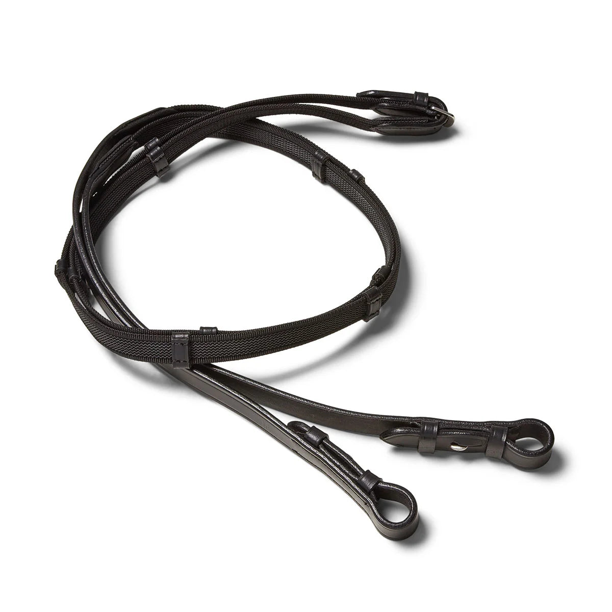 CAMEO Super Grip Reins in Black featuring interwoven rubber webbing and leather hand stops for all-weather jumping grip.