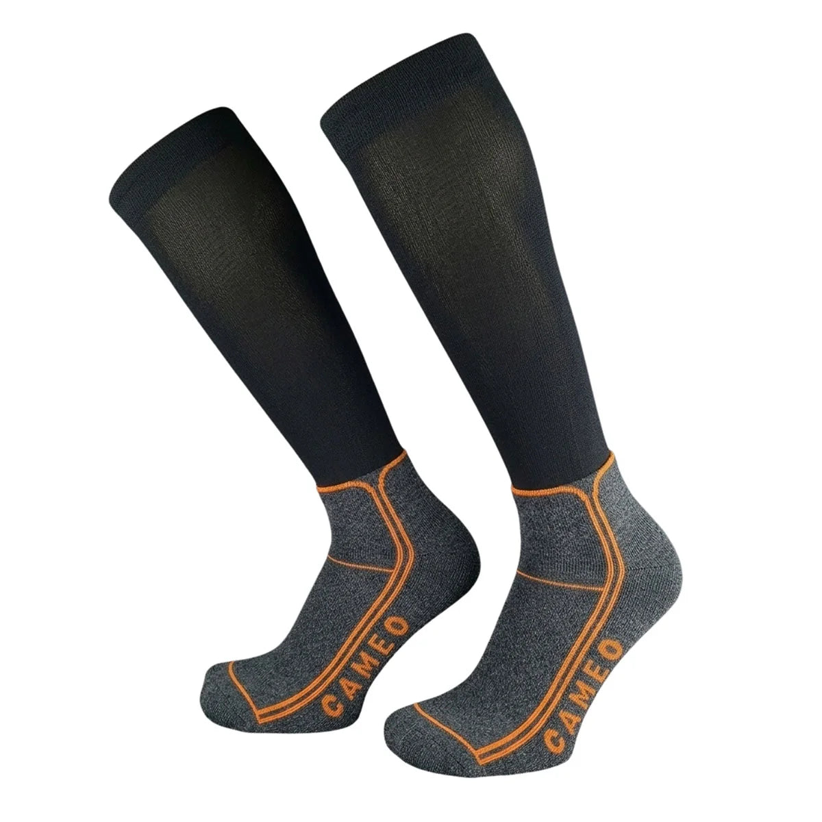 CAMEO Thinsulate Technical Riding Socks in Black showcasing an ultra-thin compression calf, heather grey cushioned footbed, and orange arch support lines engineered for thermal boot warmth, blister protection, and close-contact rider performance.