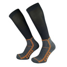 CAMEO Thinsulate Technical Riding Socks in Black showcasing an ultra-thin compression calf, heather grey cushioned footbed, and orange arch support lines engineered for thermal boot warmth, blister protection, and close-contact rider performance.