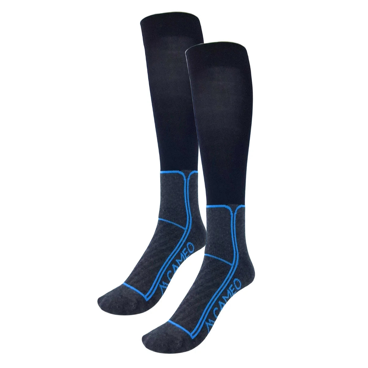 CAMEO Thinsulate Technical Riding Socks in Black showcasing an ultra-thin compression calf, dark grey cushioned footbed, and blue arch support lines engineered for thermal boot warmth, blister protection, and close-contact rider performance.