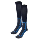 CAMEO Thinsulate Technical Riding Socks in Black showcasing an ultra-thin compression calf, dark grey cushioned footbed, and blue arch support lines engineered for thermal boot warmth, blister protection, and close-contact rider performance.
