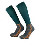 CAMEO Thinsulate Technical Riding Socks in Evergreen showcasing an ultra-thin compression calf, heather grey cushioned footbed, and orange arch support lines engineered for thermal boot warmth, blister protection, and close-contact rider performance.