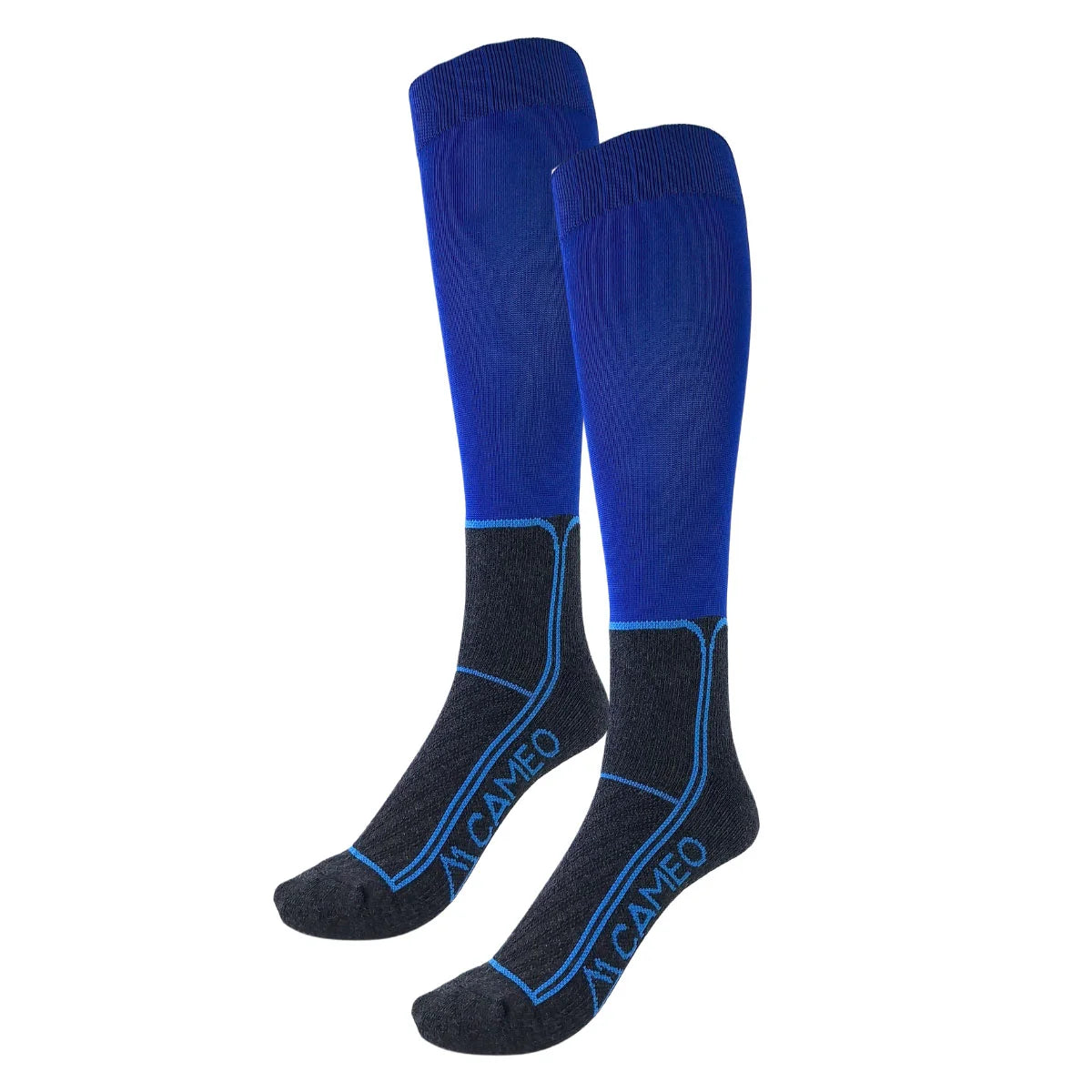 CAMEO Thinsulate Technical Riding Socks in Navy showcasing an ultra-thin compression calf, dark grey cushioned footbed, and cyan arch support lines engineered for thermal boot warmth, blister protection, and close-contact rider performance.