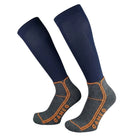 CAMEO Thinsulate Technical Riding Socks in Navy showcasing an ultra-thin compression calf, heather grey cushioned footbed, and orange arch support lines engineered for thermal boot warmth, blister protection, and close-contact rider performance.