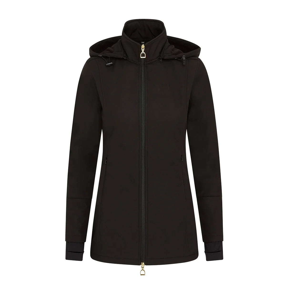 CAMEO Zenith Pro Ride Coat in Black seen from the front on a white background, showcasing the two-way stirrup zip, high fleece-lined storm collar, detachable bungee hood, and zip pockets engineered for waterproof warmth and comfort in the saddle.