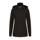 CAMEO Zenith Pro Ride Coat in Black seen from the front on a white background, showcasing the two-way stirrup zip, high fleece-lined storm collar, detachable bungee hood, and zip pockets engineered for waterproof warmth and comfort in the saddle.