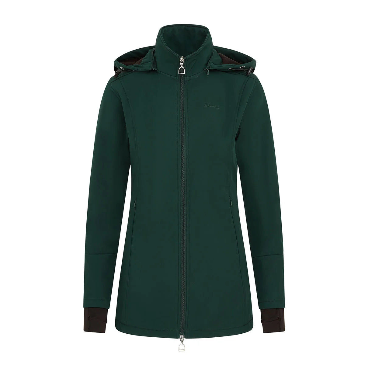 CAMEO Zenith Pro Ride Coat in EverGreen seen from the front on a white background, showcasing the two-way stirrup zip, high fleece-lined storm collar, detachable bungee hood, and zip pockets engineered for waterproof warmth and comfort in the saddle.