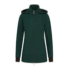 CAMEO Zenith Pro Ride Coat in EverGreen seen from the front on a white background, showcasing the two-way stirrup zip, high fleece-lined storm collar, detachable bungee hood, and zip pockets engineered for waterproof warmth and comfort in the saddle.
