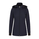 CAMEO Zenith Pro Ride Coat in Navy seen from the front on a white background, showcasing the two-way stirrup zip, high fleece-lined storm collar, detachable bungee hood, and zip pockets engineered for waterproof warmth and comfort in the saddle.
