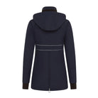 CAMEO Zenith Pro Ride Coat in Navy seen from behind on a white background, showcasing the dual reflective lumbar safety strips, detachable storm hood, and full-length rear saddle gusset zip engineered for hacking visibility and in-saddle leg freedom.