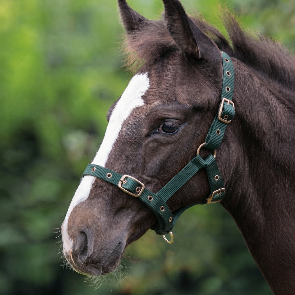 A close-up of a dark brown horse with a white blaze wearing a dark green horse halter with brass hardware, set against a soft-focus green outdoor background.